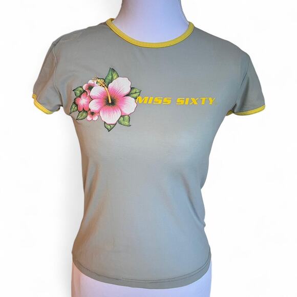 Vintage Miss Sixty Y2K Floral Logo Baby Tee Size L - Picture 1 of 6
